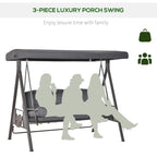 3-piece porch swing bench with dark grey cushions and adjustable canopy