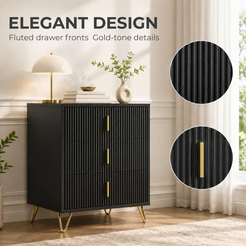 Black fluted drawer-front dresser with three gold bar handles and gold-toned details.