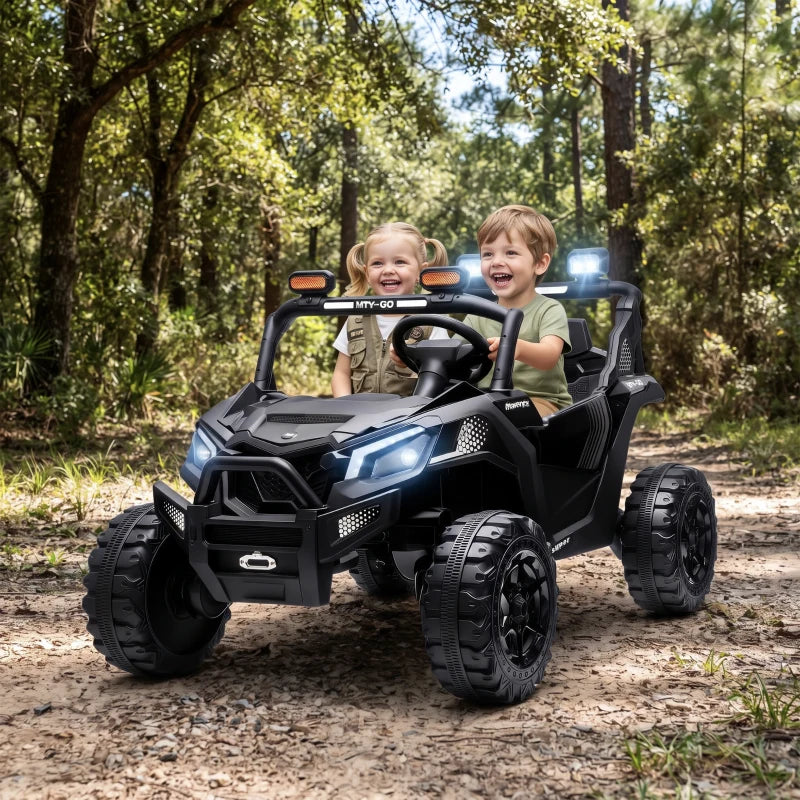 Black two-seater ride-on truck UTV with LED headlights, kids seated, outdoor path