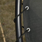 Close-up of black mesh seat fabric attached to a metal frame with cords