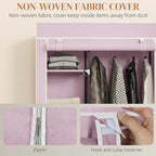 Pink fabric wardrobe with dust-cover opening, zipper and hook-and-loop fasteners.