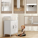 White sideboard with metal frame, adjustable foot pads, magnetic catches, anti-tipping strap