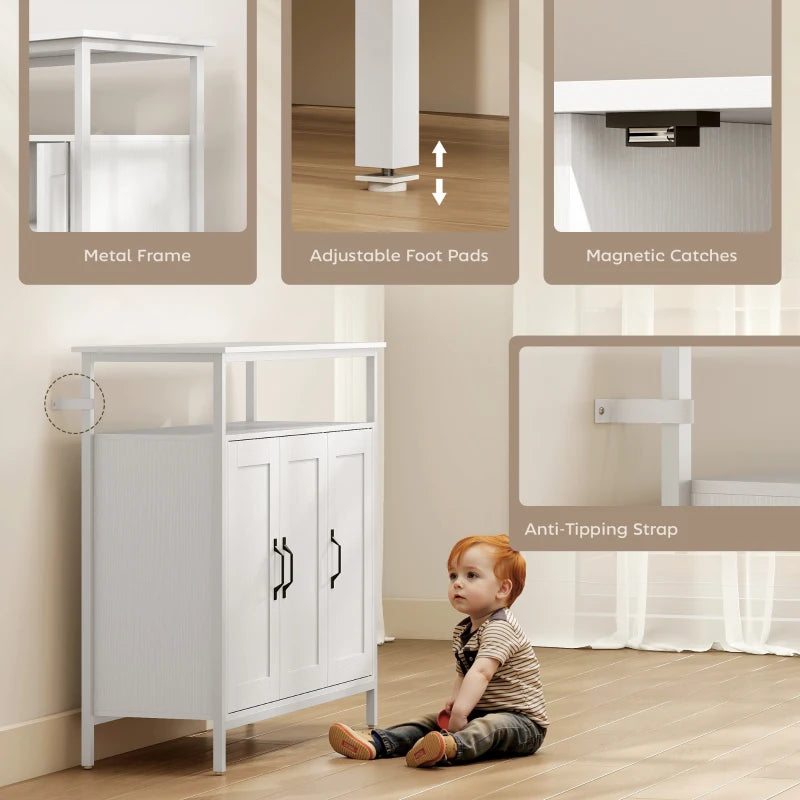 White sideboard with metal frame, adjustable foot pads, magnetic catches, anti-tipping strap