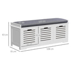 White shoe storage bench with gray cushion and three slatted drawer fronts, size shown