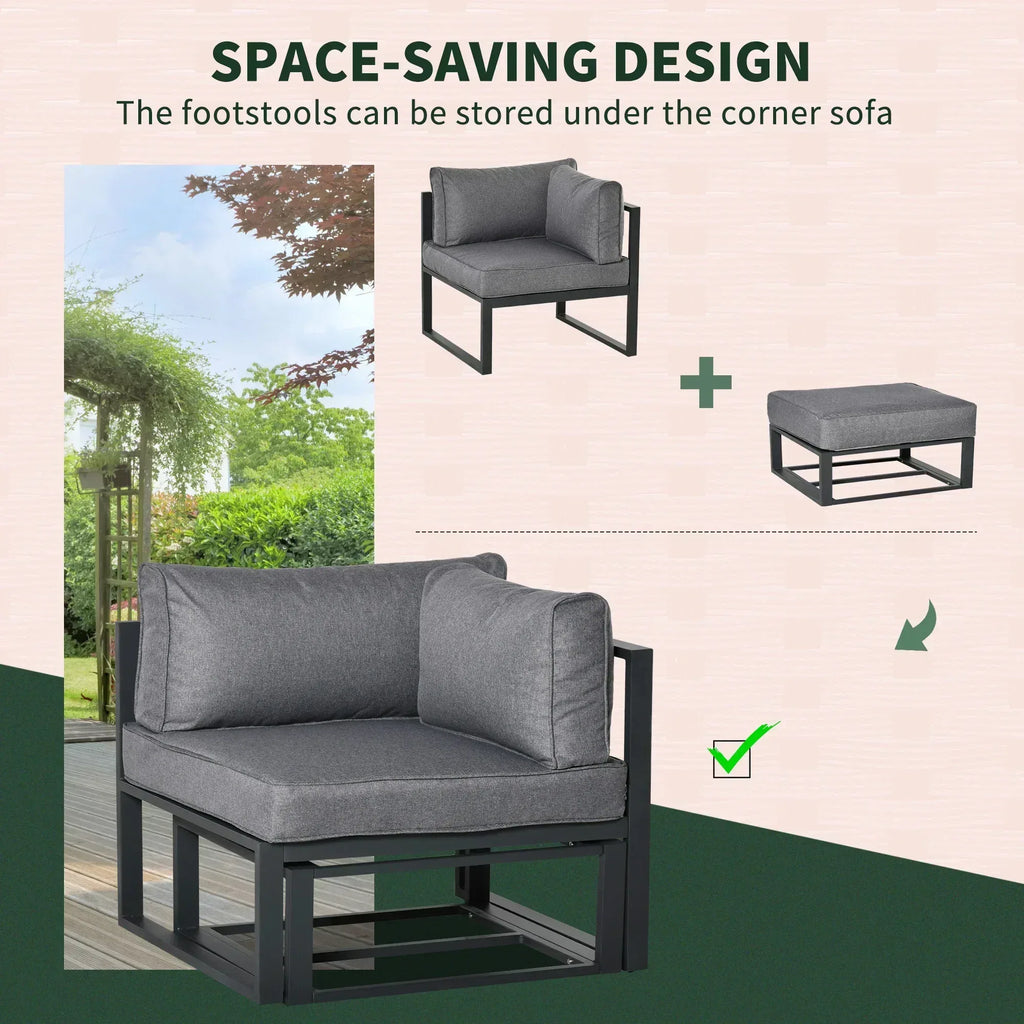 Garden Daybed, 6 Piece Outdoor Sectional Sofa Set, Aluminum Patio Conversation Furniture Set with Coffee Table, Footstool and Cushions, Grey - Bobobiy