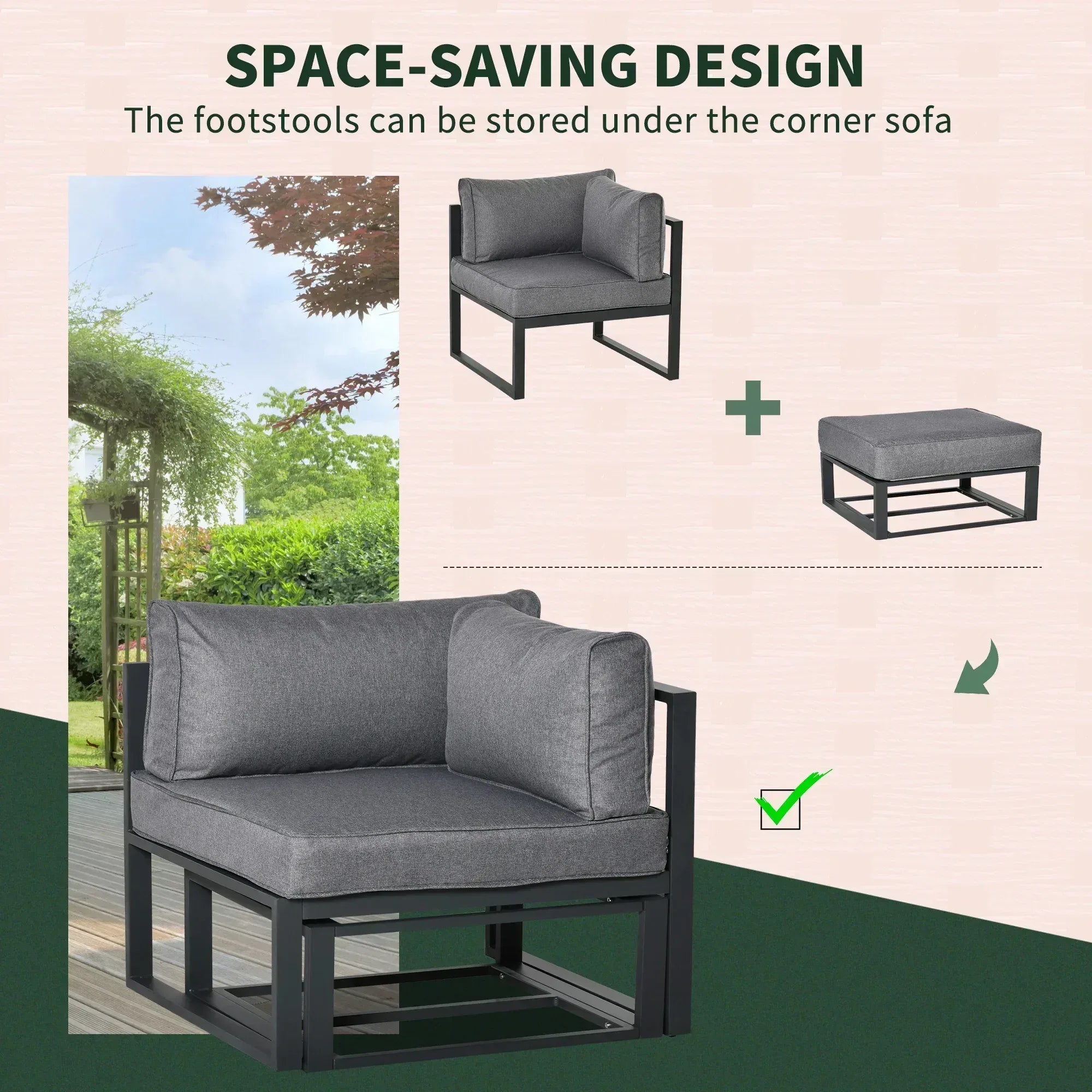 Garden Daybed, 6 Piece Outdoor Sectional Sofa Set, Aluminum Patio Conversation Furniture Set with Coffee Table, Footstool and Cushions, Grey - Bobobiy