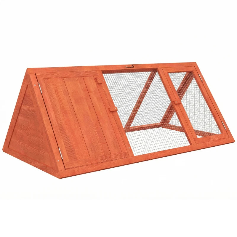 Orange wooden triangle hutch with mesh run and front door