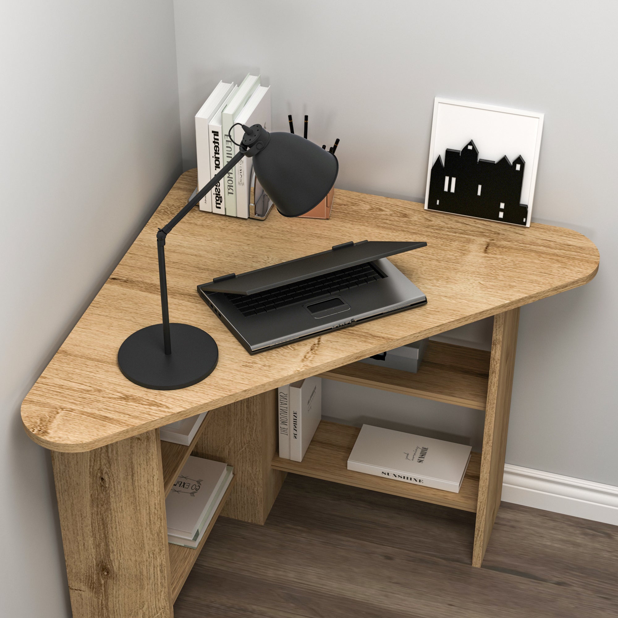 Corner Computer Desk with Shelves-Gredos