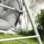 Side view of light grey swing seat and back cushions with two attached pillows