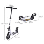 White folding kick scooter with size diagram, wheels and deck layout shown