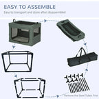 Pet carrier setup guide illustration showing folding frame and storage bag.