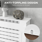 White radiator cover mounted on wall; anti-toppling side design detail shown.