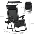 Black zero gravity sun lounger with sun canopy and foldable frame; size diagram