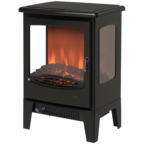 Black freestanding electric fireplace heater with glowing faux flame behind glass door