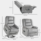 Grey lift-and-recline massage armchair with dimensions shown from multiple angles