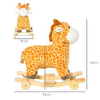 Giraffe plush ride-on rocker with wooden base and wheels, side and size view