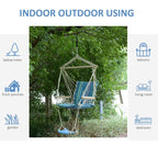 Portable hanging rope chair with blue striped padded seat and backrest for indoor or outdoor