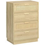 Wood-effect rattan drawer chest with four drawers and cane-style woven panel fronts