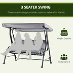 Grey three-seat outdoor swing bench under an adjustable canopy on a sturdy metal frame