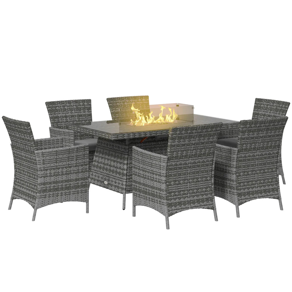 7 Pieces Outdoor Rattan Garden Furniture with Fire Pit Table, 6 Seater Garden Table and Chairs with Cushions, Rattan Dining Set with Propane Heater Table, Windscreen, 50,000 BTU, Grey - Bobobiy