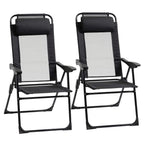 Set of 2 black folding recliner patio chairs with adjustable backrest and armrests