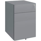 Grey lockable rolling filing cabinet with three drawers and key lock on top right