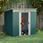 Green metal tool shed with double sliding door open, visible interior equipment.