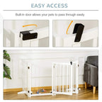 White indoor pet gate with built-in door latch on vertical bar panels