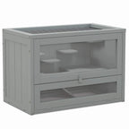 Grey wooden small animal cage hutch with mesh top and sliding front door opening