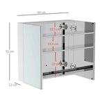 Stainless steel bathroom mirror cabinet with double doors, side and internal dimensions