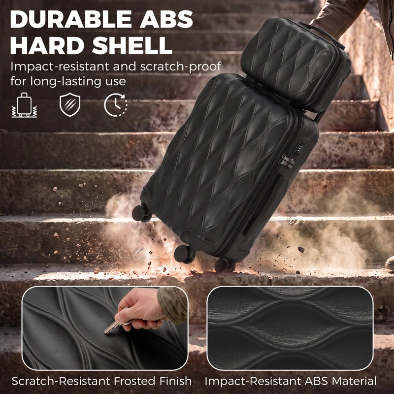Black hard-shell ABS suitcase with scratch-resistant finish and corner impact protection.