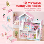 Pink wooden 3-storey dollhouse with 10 movable furniture pieces and accessories