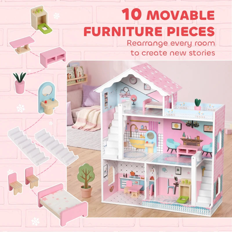 Pink wooden 3-storey dollhouse with 10 movable furniture pieces and accessories