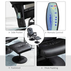 Black faux leather recliner with side pocket, remote control, and thick padded footstool.