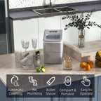 Silver countertop ice cube machine with feature icons and compact front design