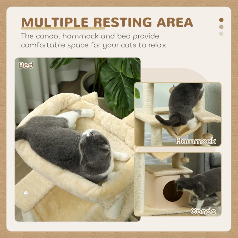 Beige cat tree with plush bed, hammock, condo house, and scratching posts