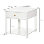 White square side table with single drawer, open shelf base, and turned legs