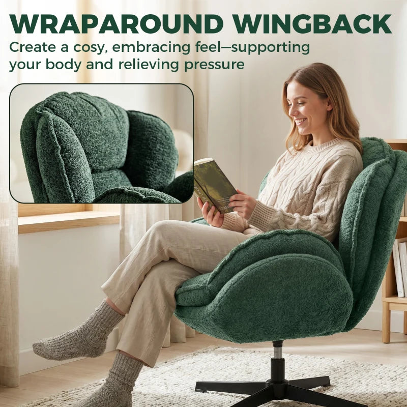 Dark green velvet wingback swivel accent chair with supportive, cushioned back and seat