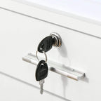 Close-up of white drawer lock with keys and metal pull handle