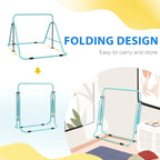 Light blue kids gymnastic bar showing folding design with easy-to-store frame and horizontal bar