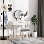 White vanity table with round mirror and matching stool in modern room setting