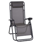 Grey outdoor folding reclining lounge chair with head pillow and black metal frame