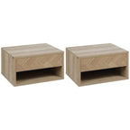 Set of two natural wood bedside tables: open shelf and front drawer.