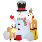 Inflatable Christmas snowman with red-capped top hat, striped scarf, and LED-lit body