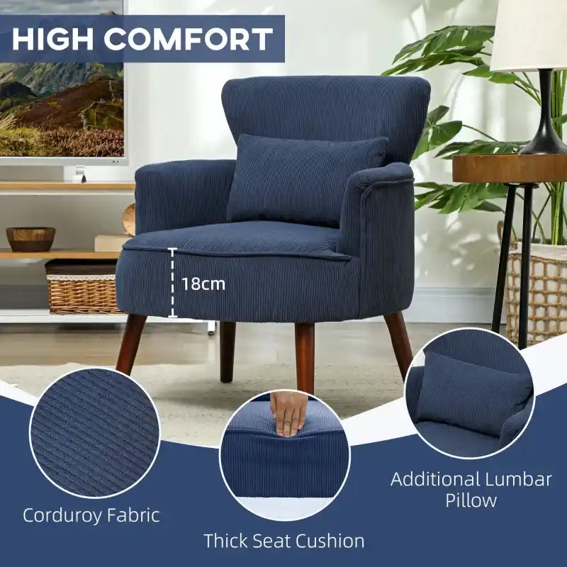 Blue corduroy accent armchair with tall back, deep seat cushion, and extra lumbar pillow