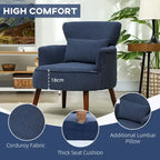 Blue corduroy accent armchair with tall back, deep seat cushion, and extra lumbar pillow