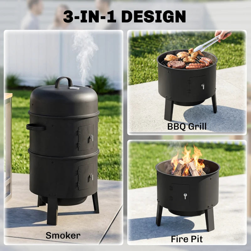 Vertical charcoal smoker unit with two cooking sections and side door access
