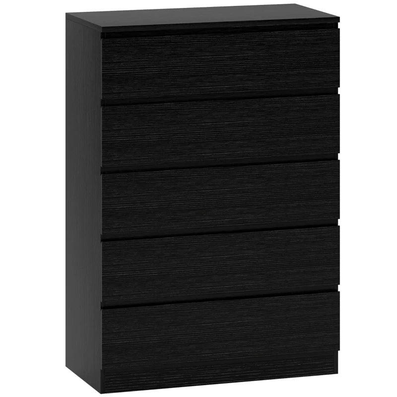 Black 5-drawer dresser cabinet with flat top and horizontal drawer panels.
