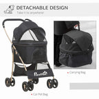 Black pet stroller with detachable carrying bag attachment, front view and side detail.