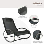 Black rocking lounge recliner with removable padded headrest and rubber-wrapped arms
